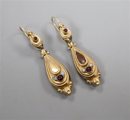 A pair of Victorian yellow metal and cabochon gem set drop earrings (one a.f.), 29mm.